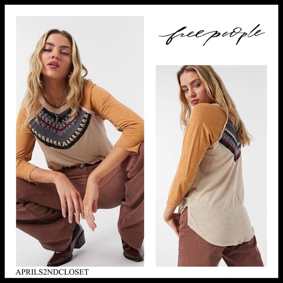 FREE PEOPLE BOHO TEE KNIT PULLOVER CROCHET TOP A2C - Picture 13 of 13